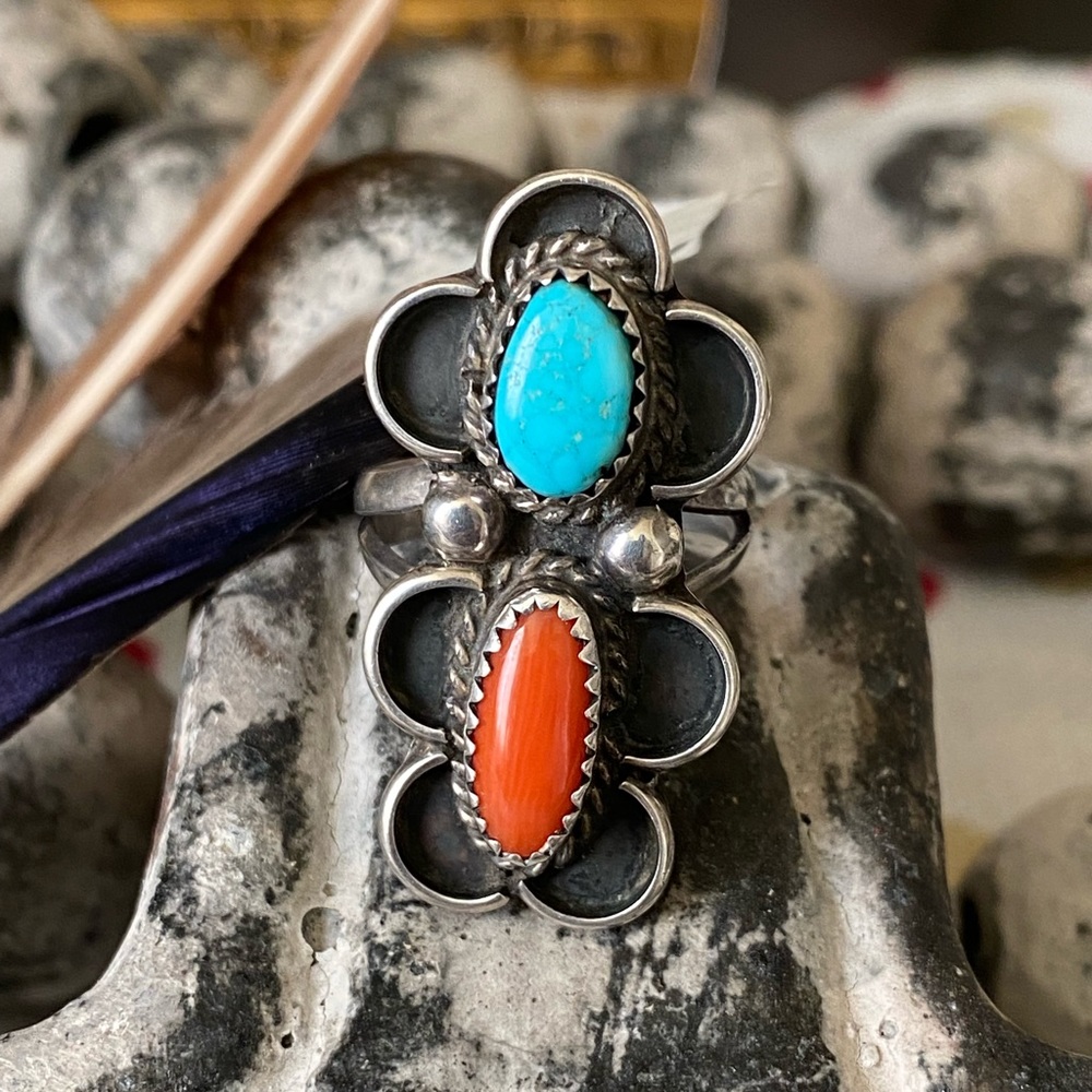 Vintage Coral and Turquoise Ring